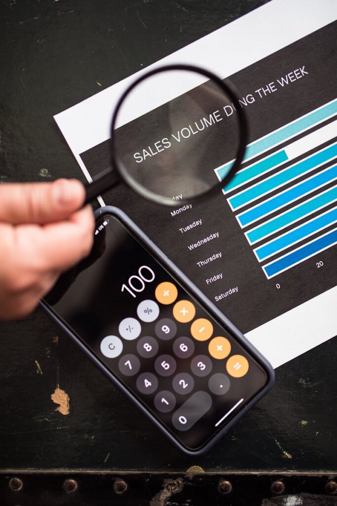 Magnifying glass focuses on sales graph and smartphone calculator, depicting data analysis.